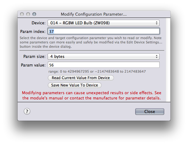Z-Wave Dialog Modify Configuration Parameters Image