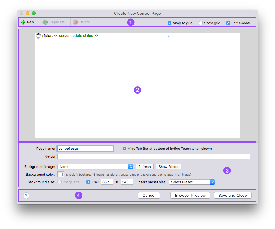 

The editor window has 4 areas - the first is the the global control area. In this area you'll find buttons to create new page elements (labels, controls, etc), duplicate existing elements, delete elements, and turn on/off some features of the editor. Select ''**Snap to grid**'' to have page elements snap to a grid that overlays the design area (see the next item). Select ''**Show grid**'' to show the aforementioned grid. Select Edit z-order to show you the order of the page elements and allow you to change them. Higher numbered elements are drawn last, so if you have overlapping controls the one with the highest order will be drawn last.

The second area is the design area. This is where you'll graphically lay out your control page. It operates much like many drawing programs - you select objects and drag them around to position them. The default new control page contains two elements: a graphical server status icon and a server status text area. By the way, you can have only one of each of these element types on your control page.

The white area is the visible area that you'll see on the web page or in Indigo Touch. The gray area is just the image border area - items in the gray area will not show on the control page. If you have the ''**Edit z-order**'' checkbox described above checked, you'll see controls like this for each page element:

{{page_element_examples.png?nolink|Z-order Controls Image