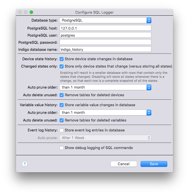 SQL Logging Configuration Dialog